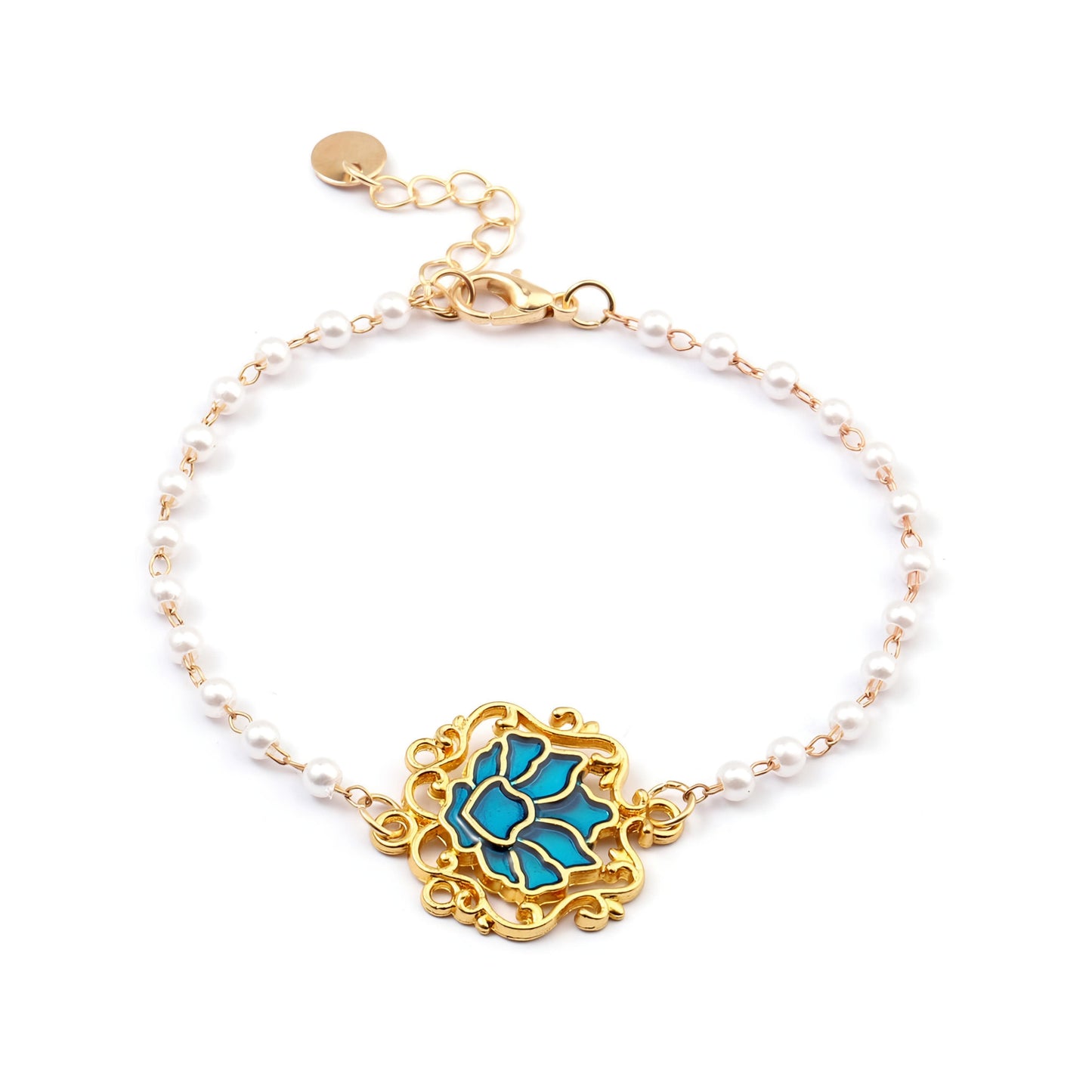 Serenity Lotus Blue Charm Gold Bracelet by Gleamy