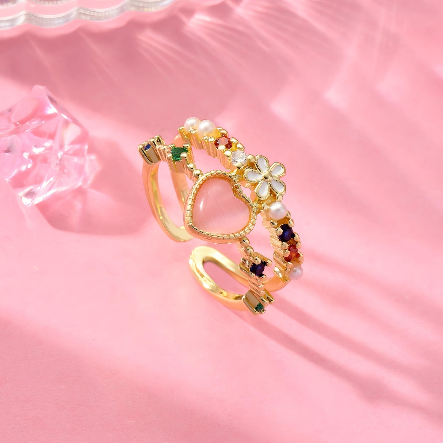 Gemstone Heart Ring with Floral by GLEAMY