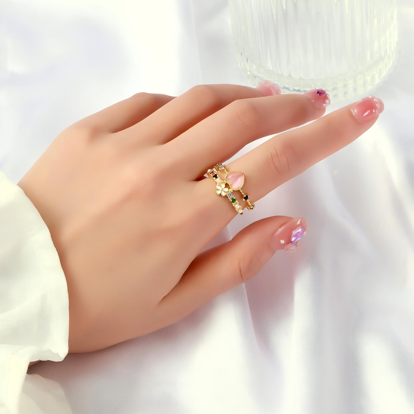 Gemstone Heart Ring with Floral by GLEAMY
