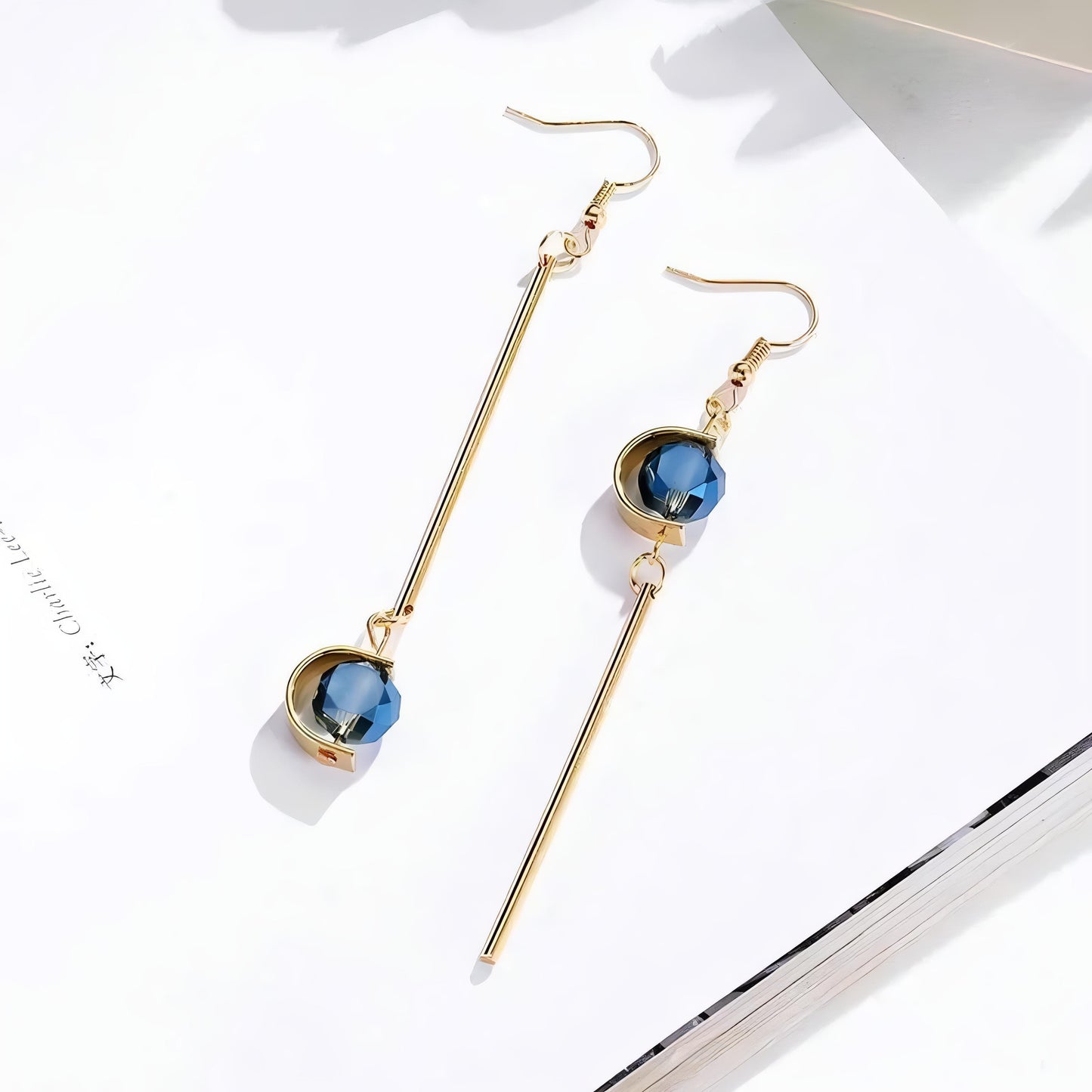 Double C Shape Asymmetric Blue Stone Grey Stone Drop Earrings by GLEAMY