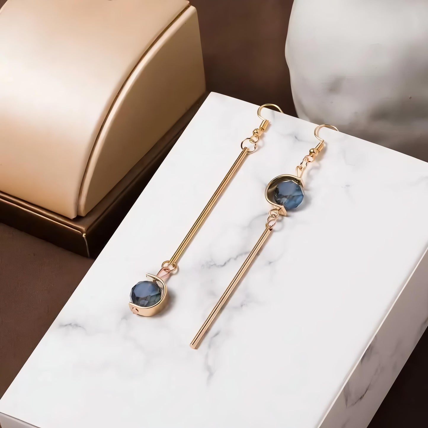 Double C Shape Asymmetric Blue Stone Grey Stone Drop Earrings by GLEAMY