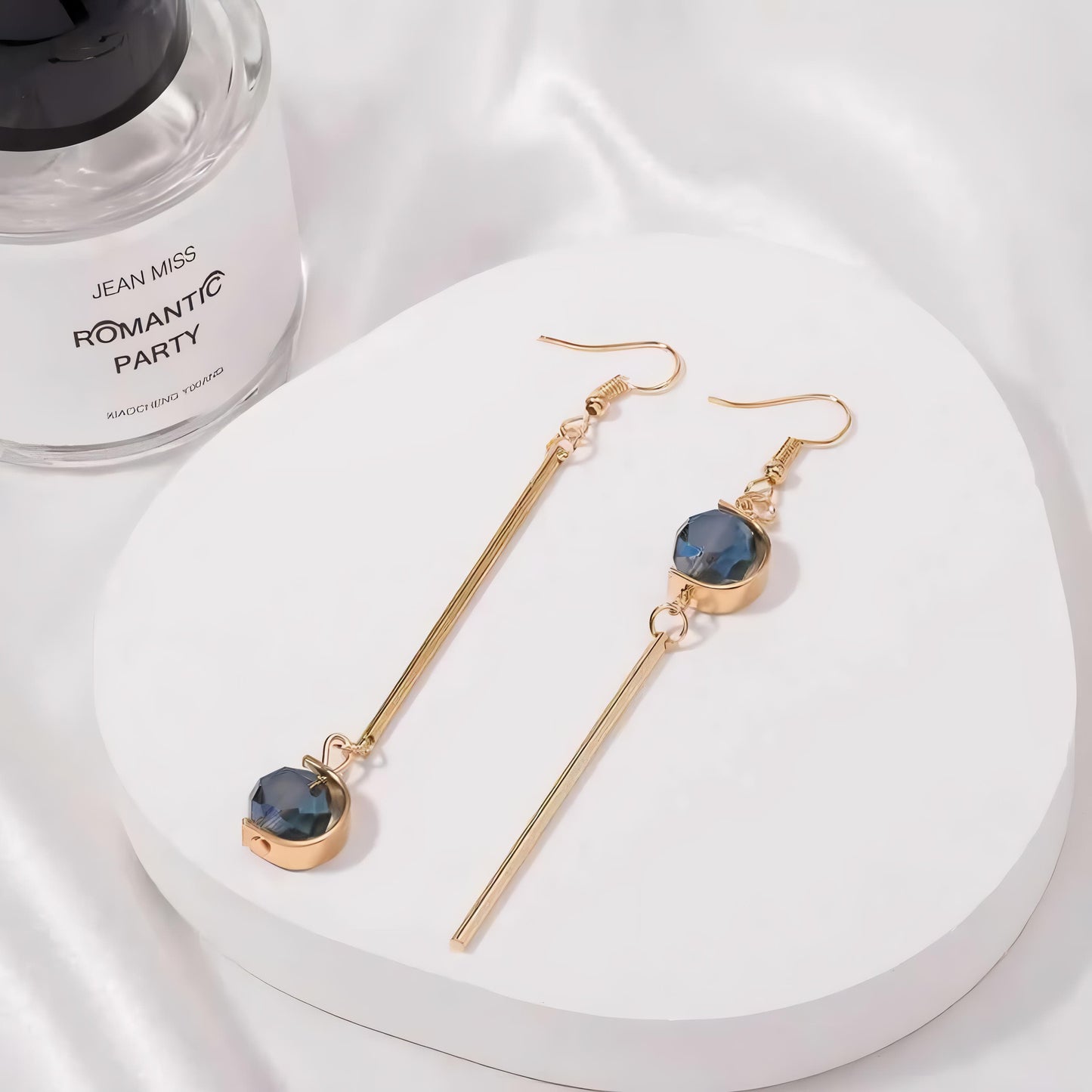 Double C Shape Asymmetric Blue Stone Grey Stone Drop Earrings by GLEAMY