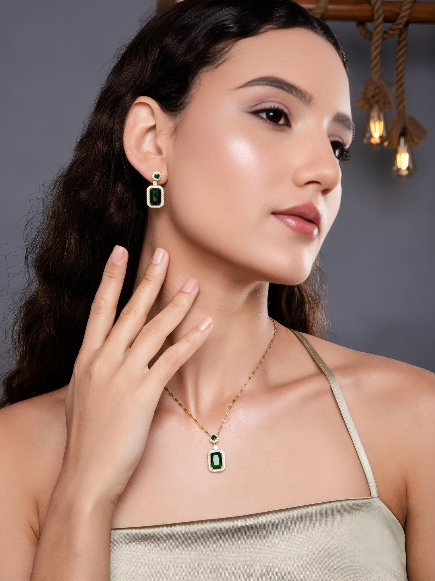 Green Emerald Necklace and Earrings Set - 18K Gold Plated by GLEAMY