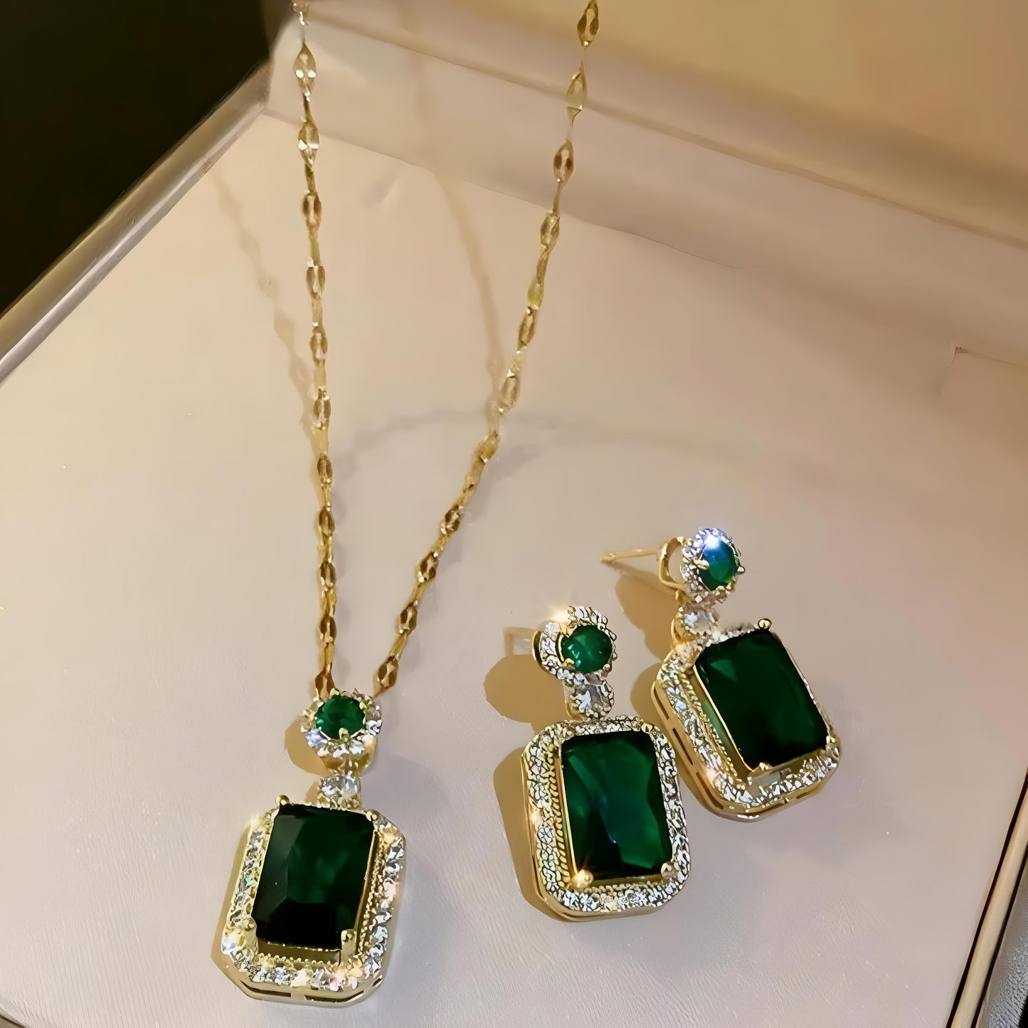 Green Emerald Necklace and Earrings Set - 18K Gold Plated by GLEAMY