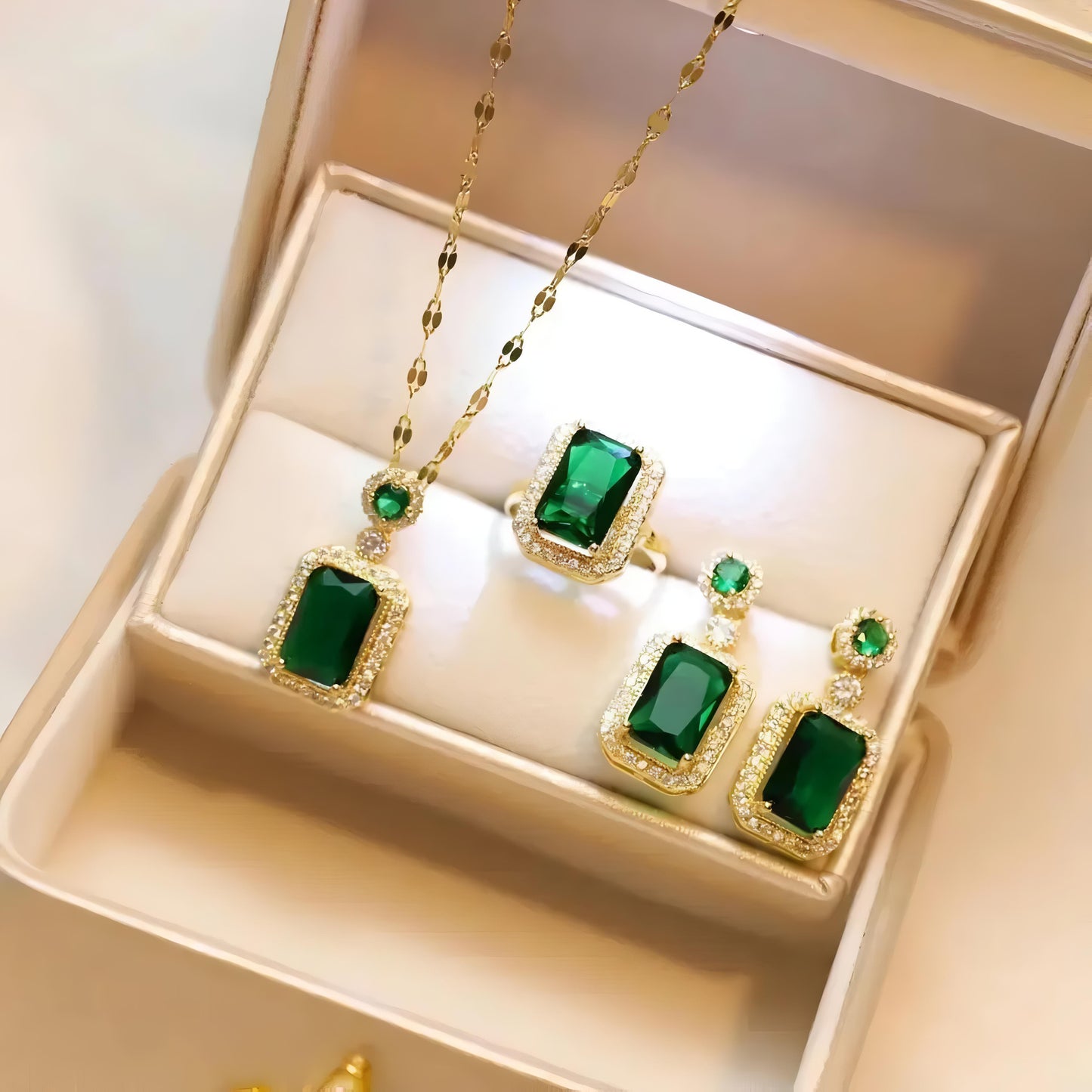 Green Emerald Necklace and Earrings Set - 18K Gold Plated by GLEAMY