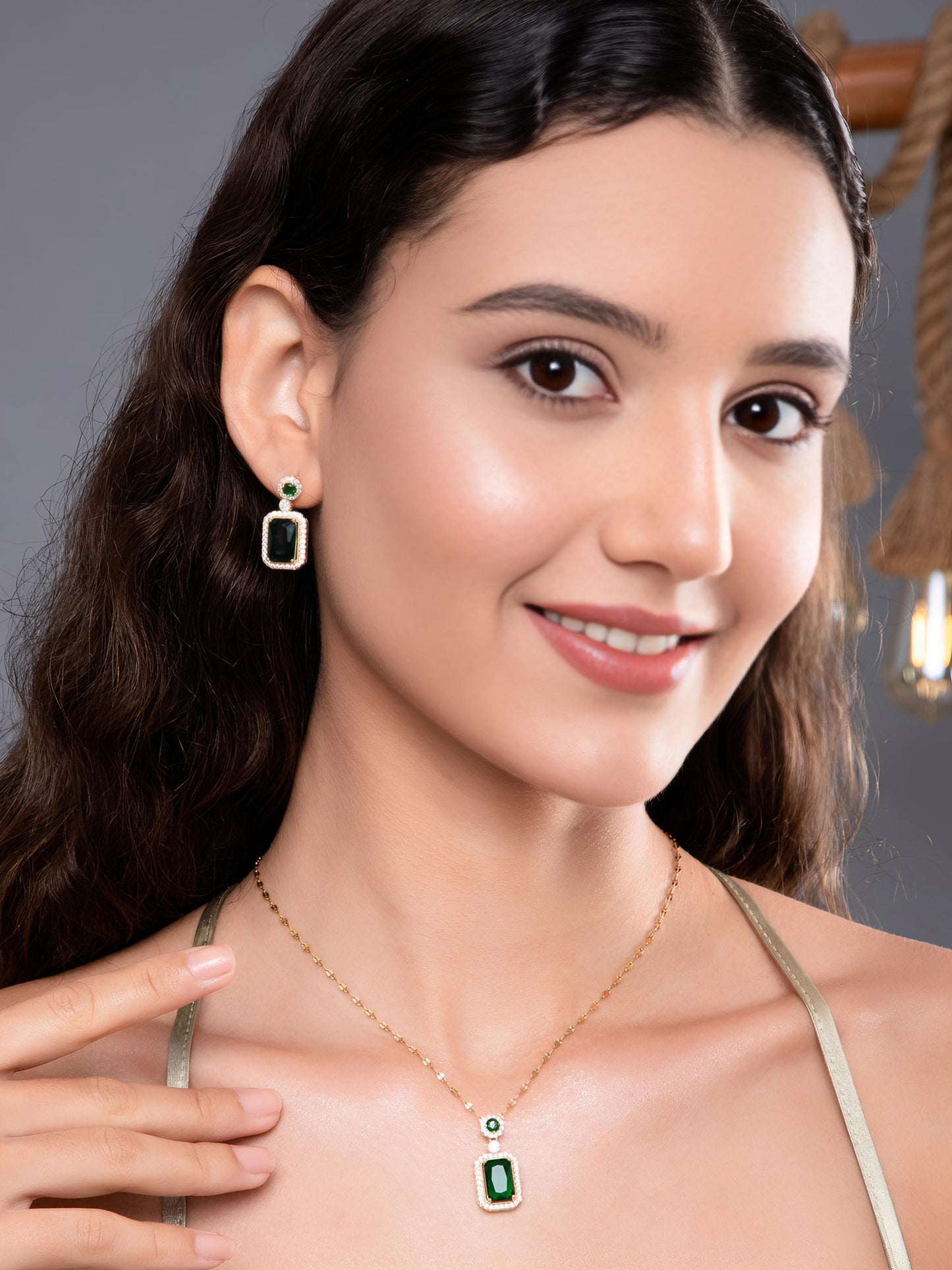 Green Emerald Necklace and Earrings Set - 18K Gold Plated by GLEAMY