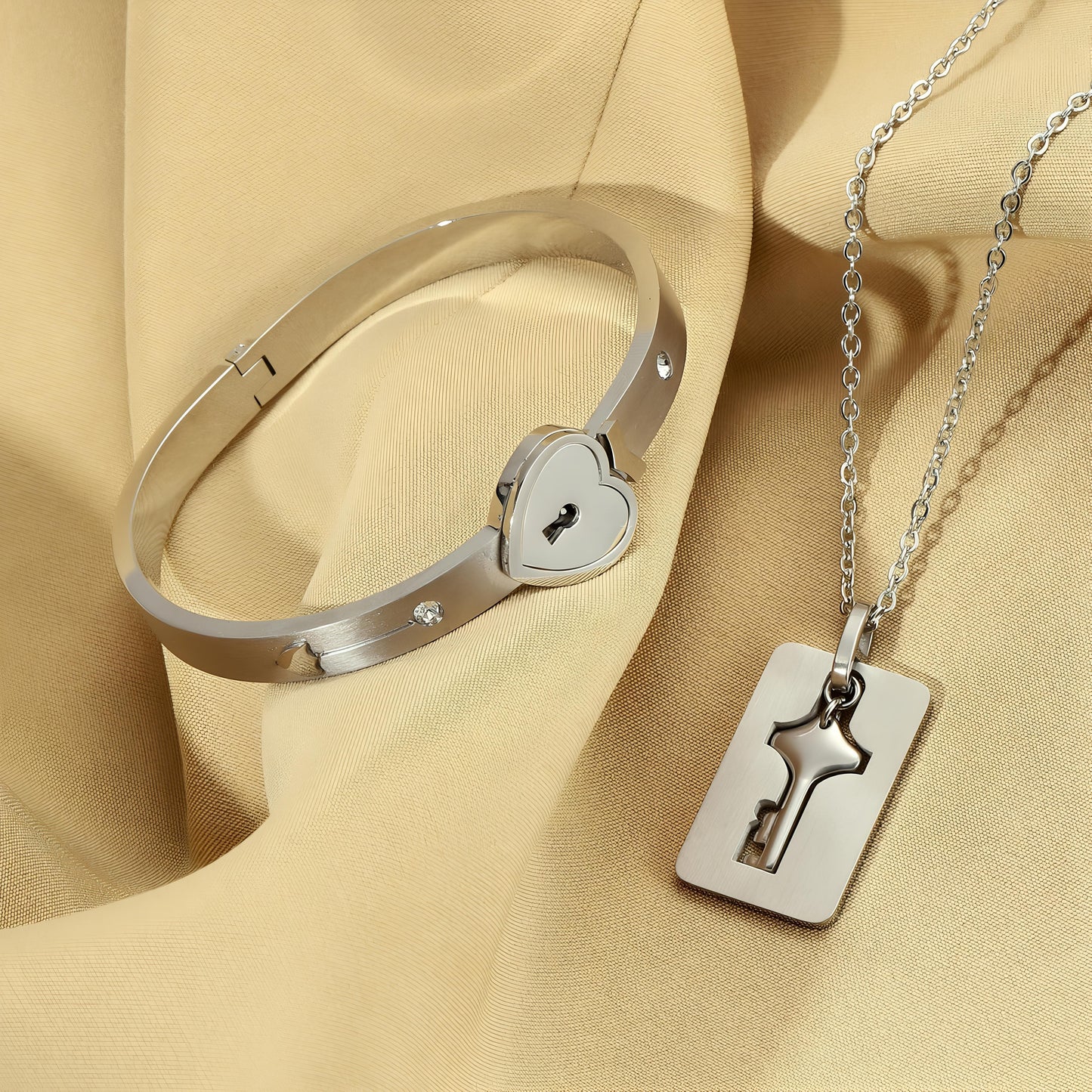 Silver Lock and Key Love Bracelet and Necklace set by GLEAMY