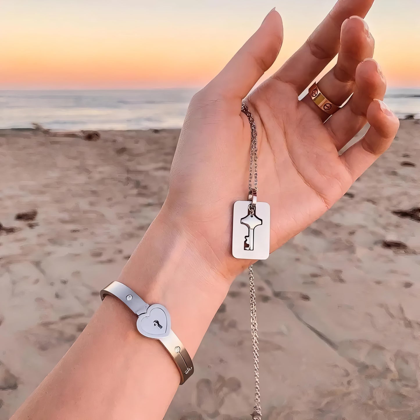 Silver Lock and Key Love Bracelet and Necklace set by GLEAMY