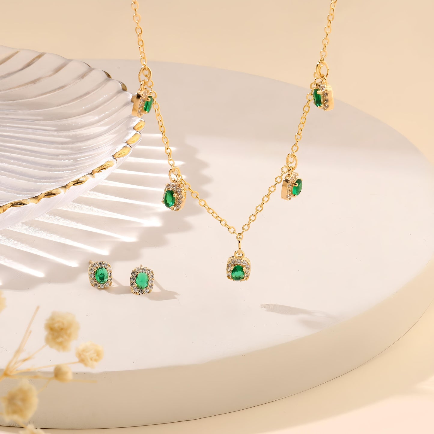 Emerald Tassel Necklace and Earrings Set by GLEAMY