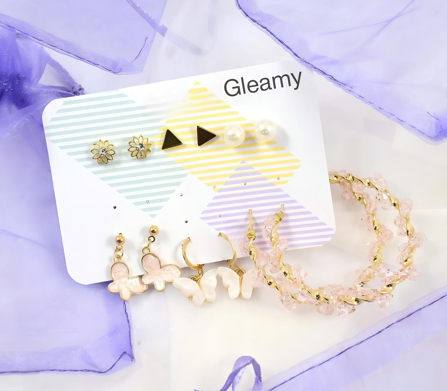 Set of 6 Pink Hoops and Butterfly Earrings and Studs By Gleamy
