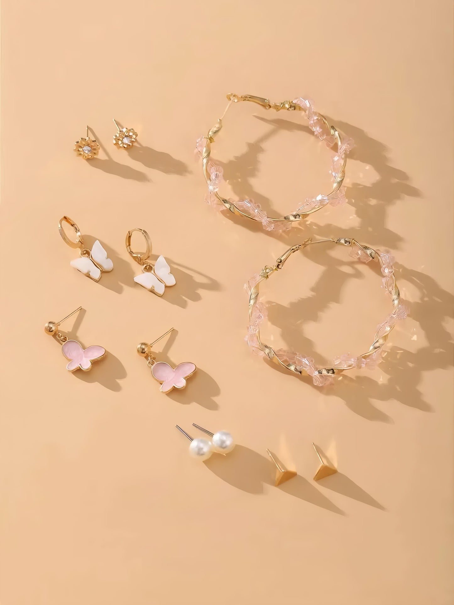 Set of 6 Pink Hoops and Butterfly Earrings and Studs By Gleamy