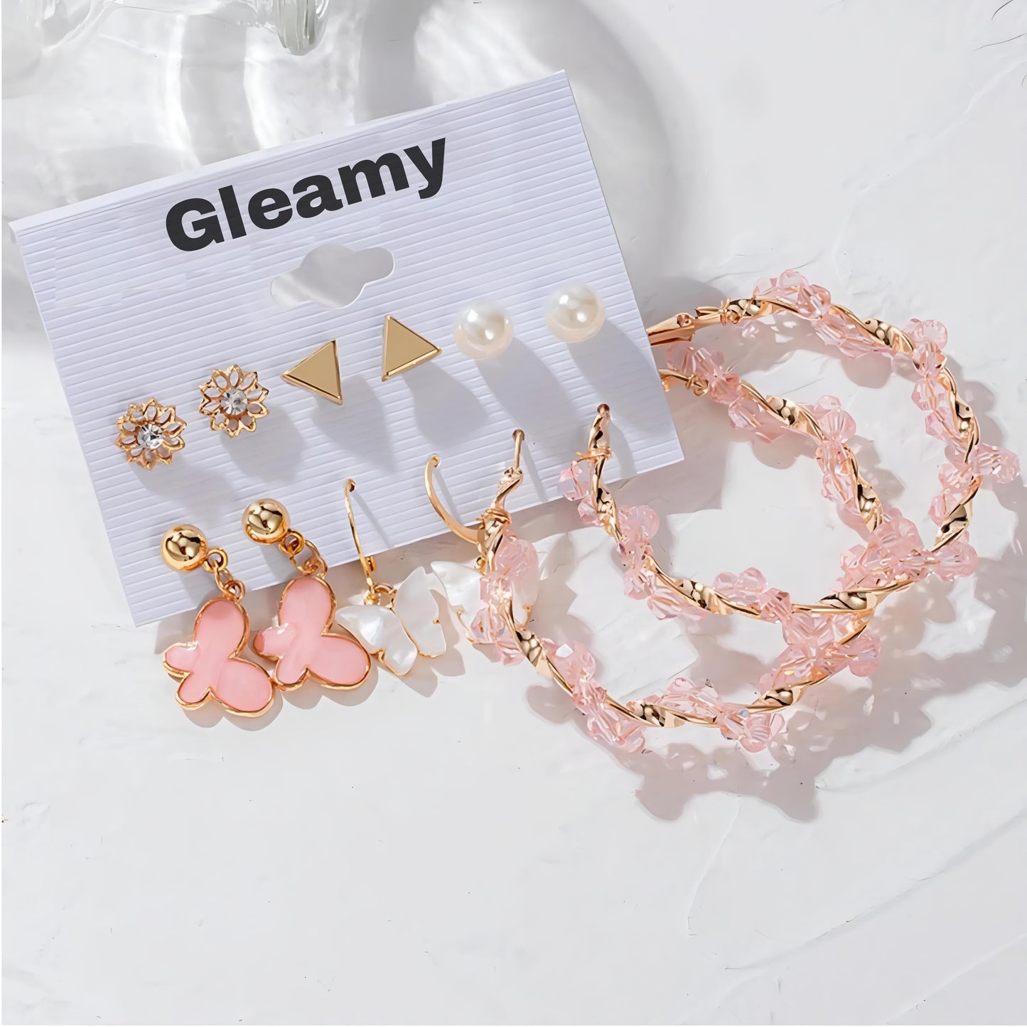 Set of 6 Pink Hoops and Butterfly Earrings and Studs By Gleamy