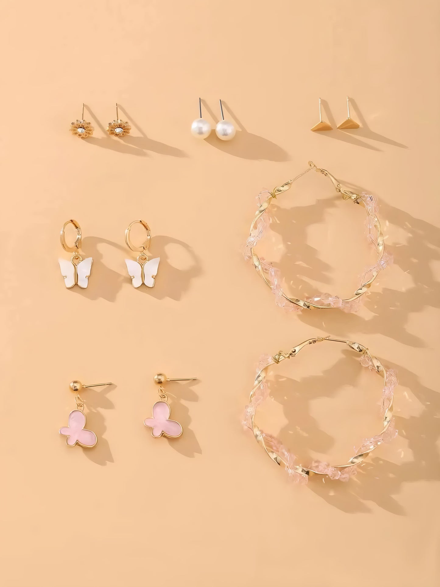 Set of 6 Pink Hoops and Butterfly Earrings and Studs By Gleamy
