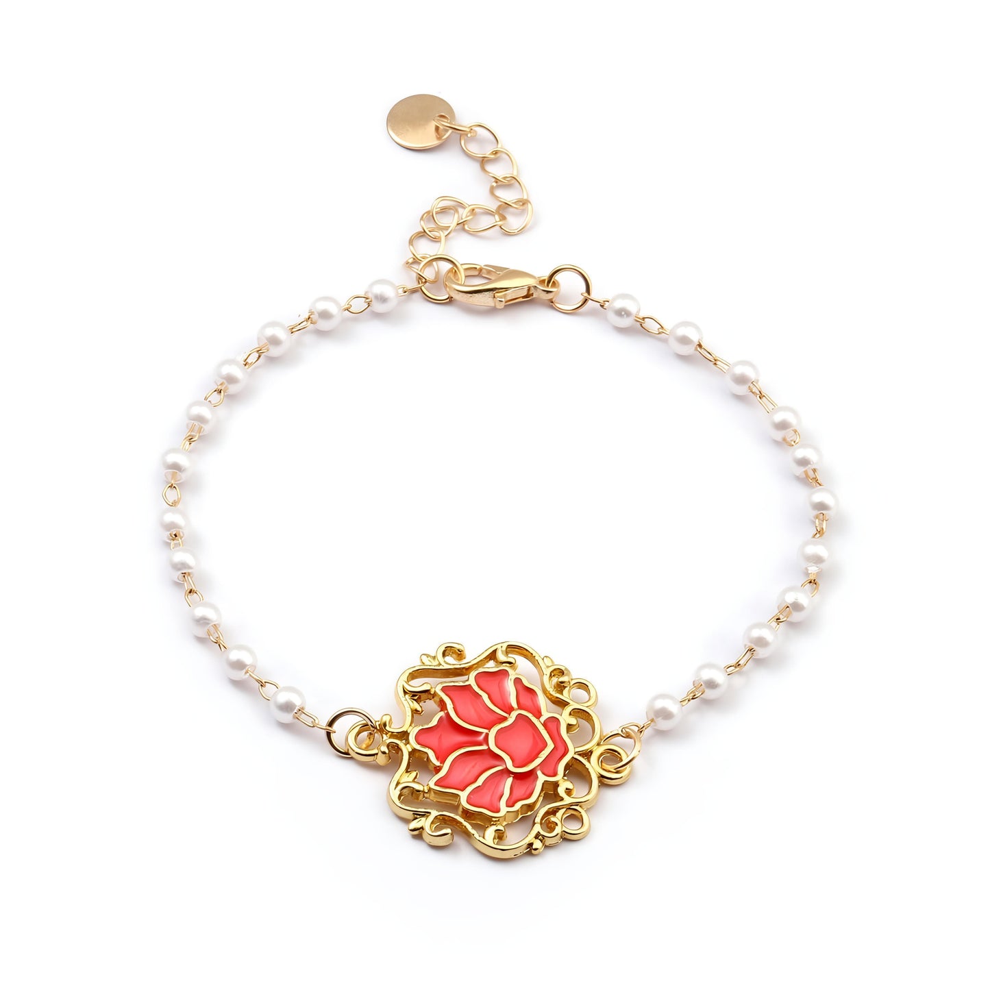 Serenity Lotus Red Charm Gold Bracelet by Gleamy