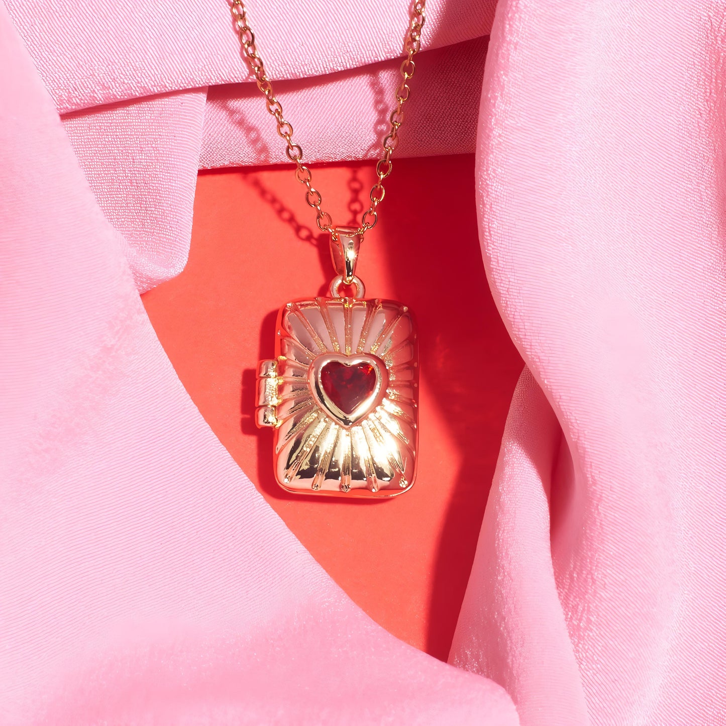 Sunburst Red Heart Locket Necklace By Gleamy