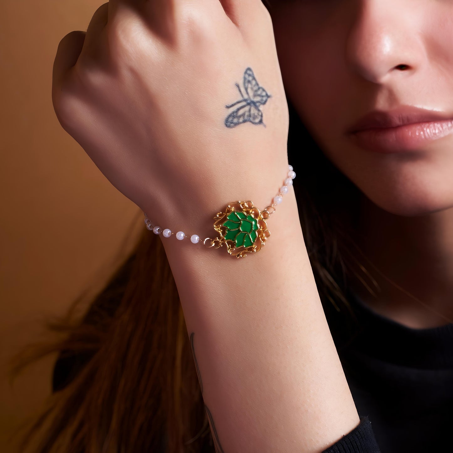 Serenity Lotus Green Charm Gold Bracelet by Gleamy