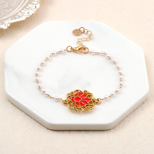 Serenity Lotus Red Charm Gold Bracelet by Gleamy