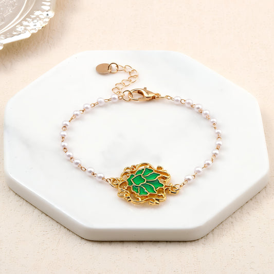 Serenity Lotus Green Charm Gold Bracelet by Gleamy