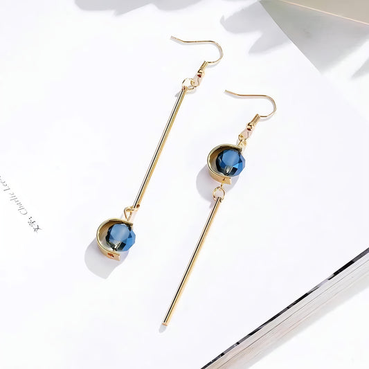 Double C Shape Asymmetric Blue Stone Grey Stone Drop Earrings by GLEAMY