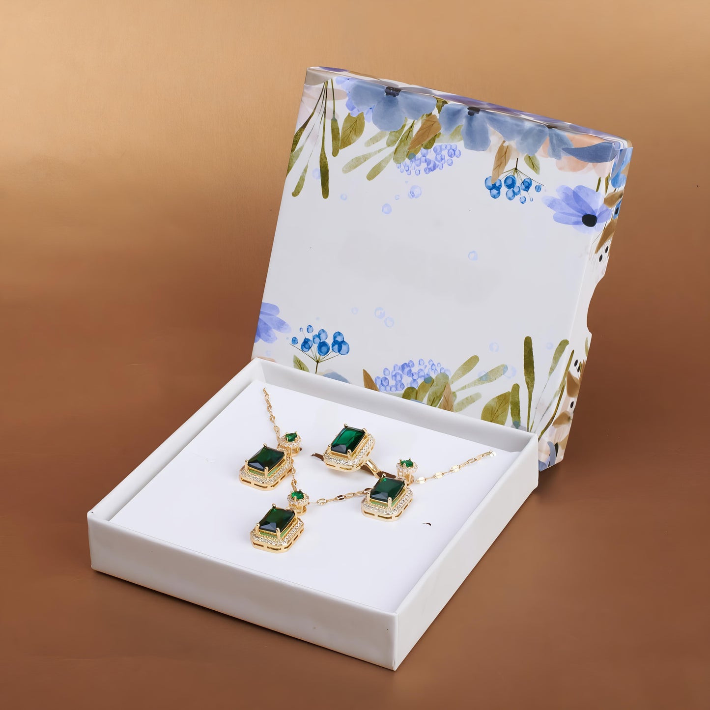 Green Emerald Necklace and Earrings Set - 18K Gold Plated by GLEAMY