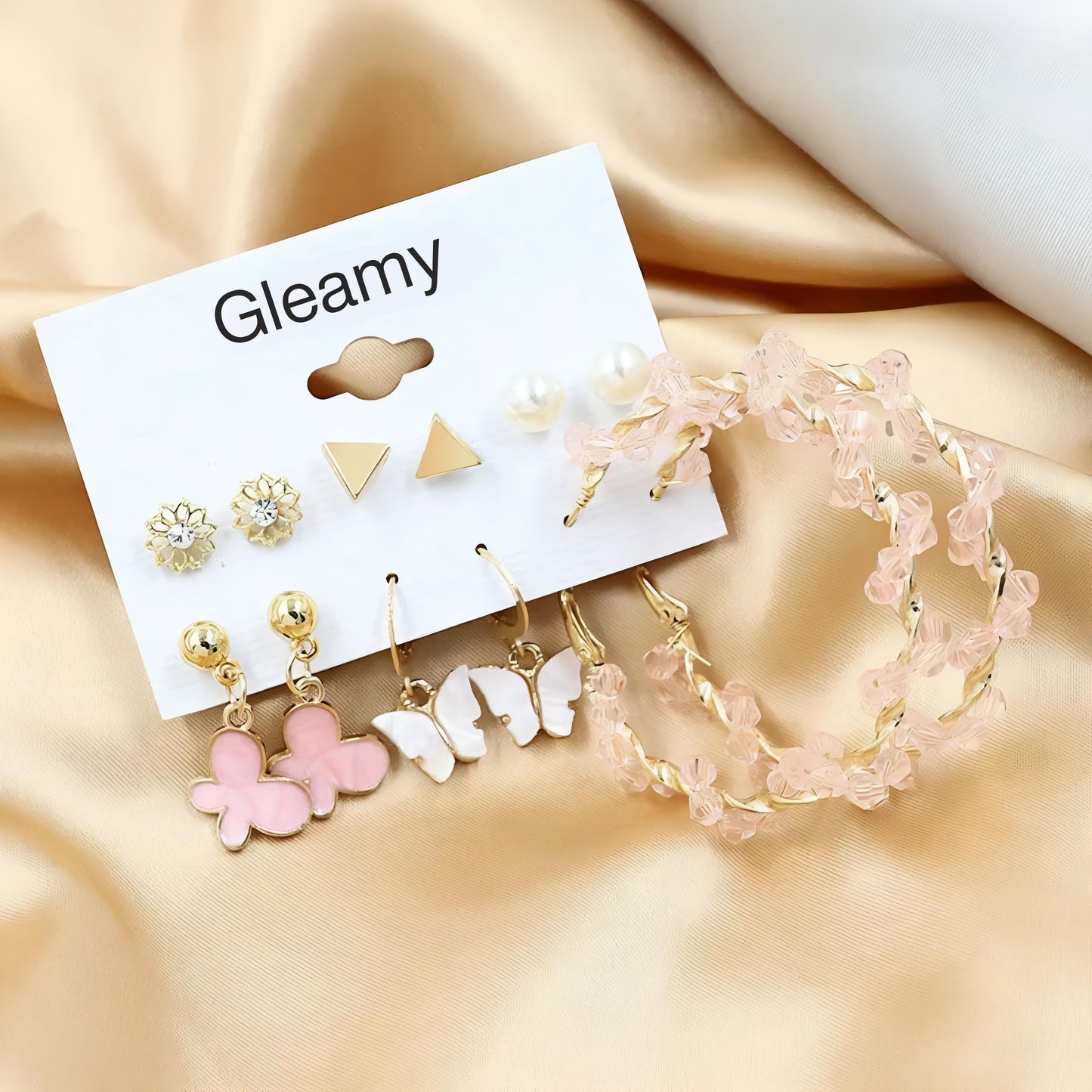 Set of 6 Pink Hoops and Butterfly Earrings and Studs By Gleamy