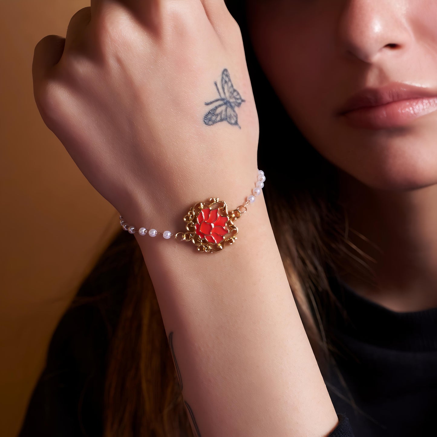 Serenity Lotus Red Charm Gold Bracelet by Gleamy