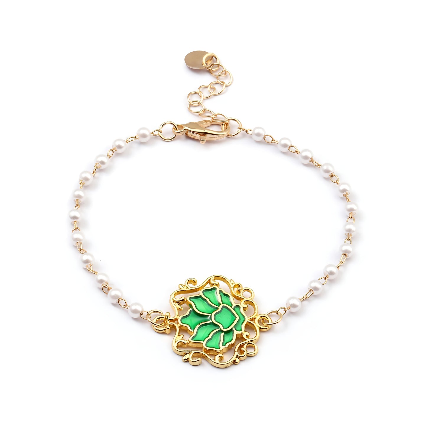 Serenity Lotus Green Charm Gold Bracelet by Gleamy